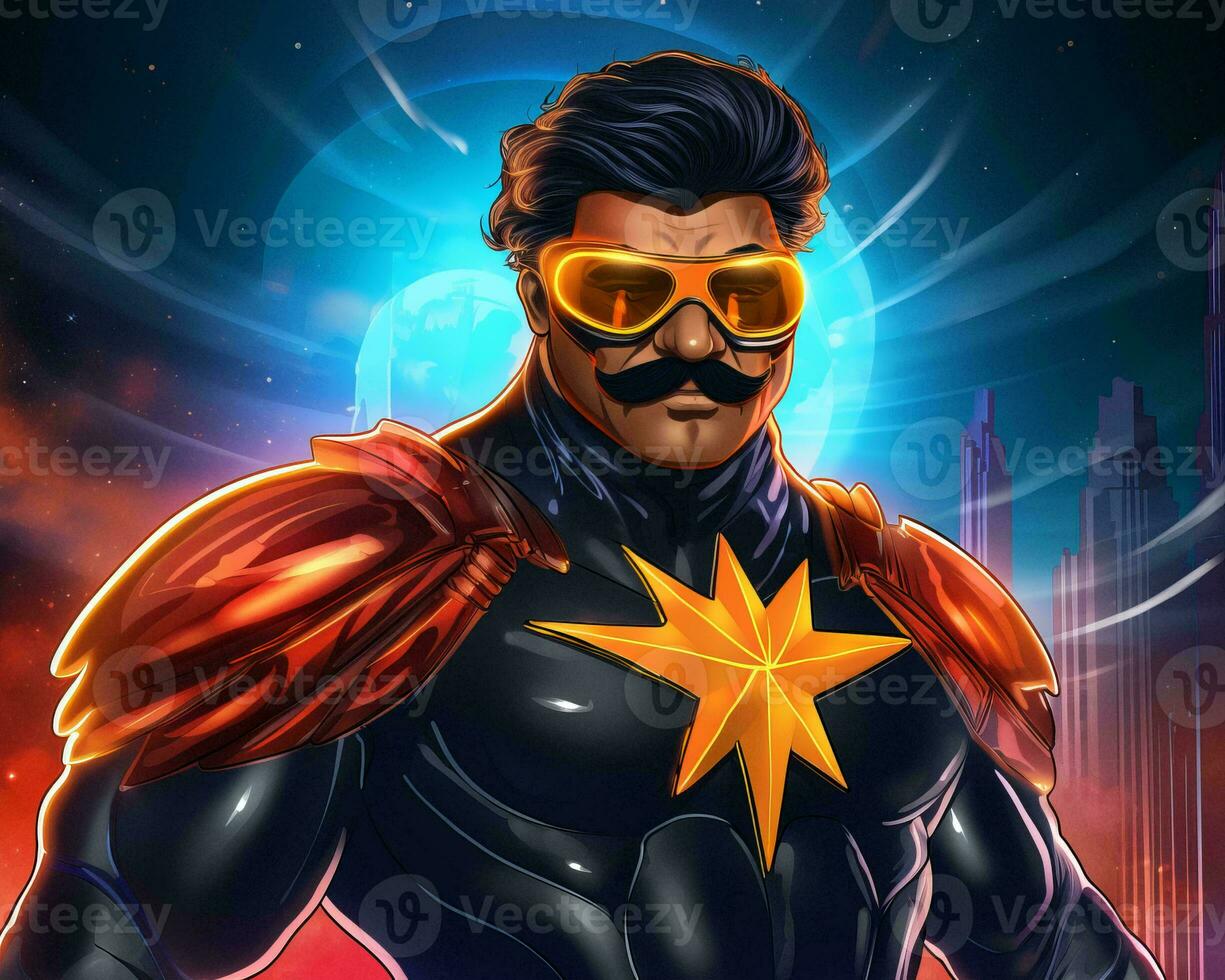 a man in a superhero costume with a mustache and glasses
