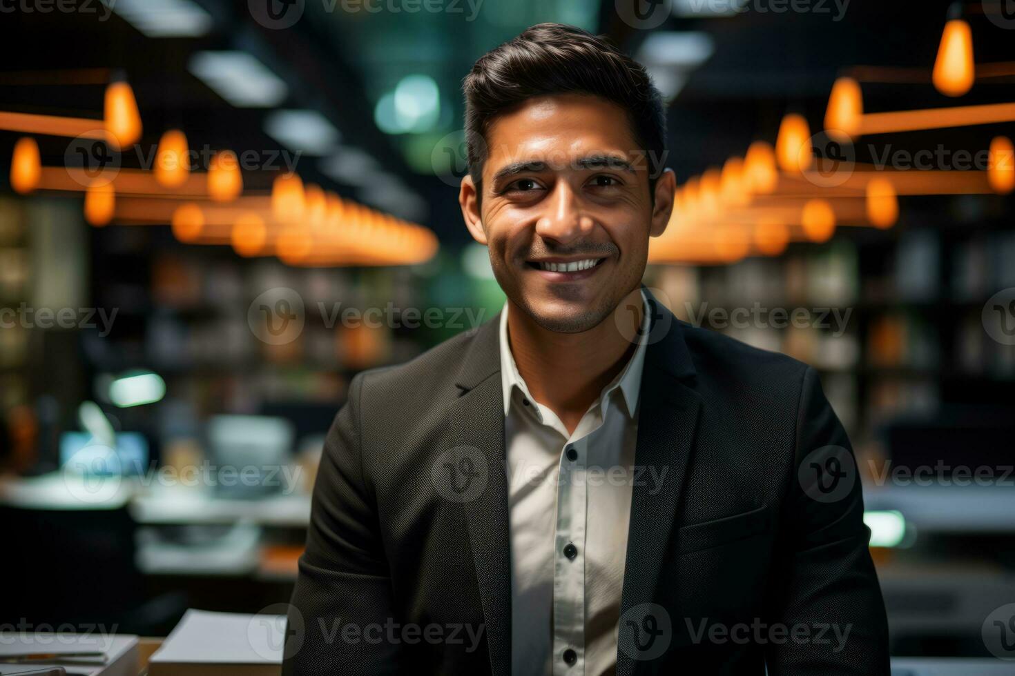 a man in a suit is smiling in front of a library generative ai photo