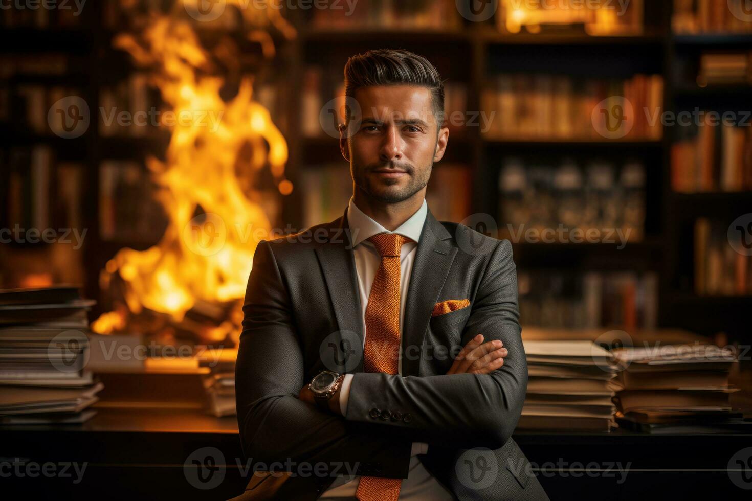 a man in a suit and tie sitting in front of a fire generative ai photo