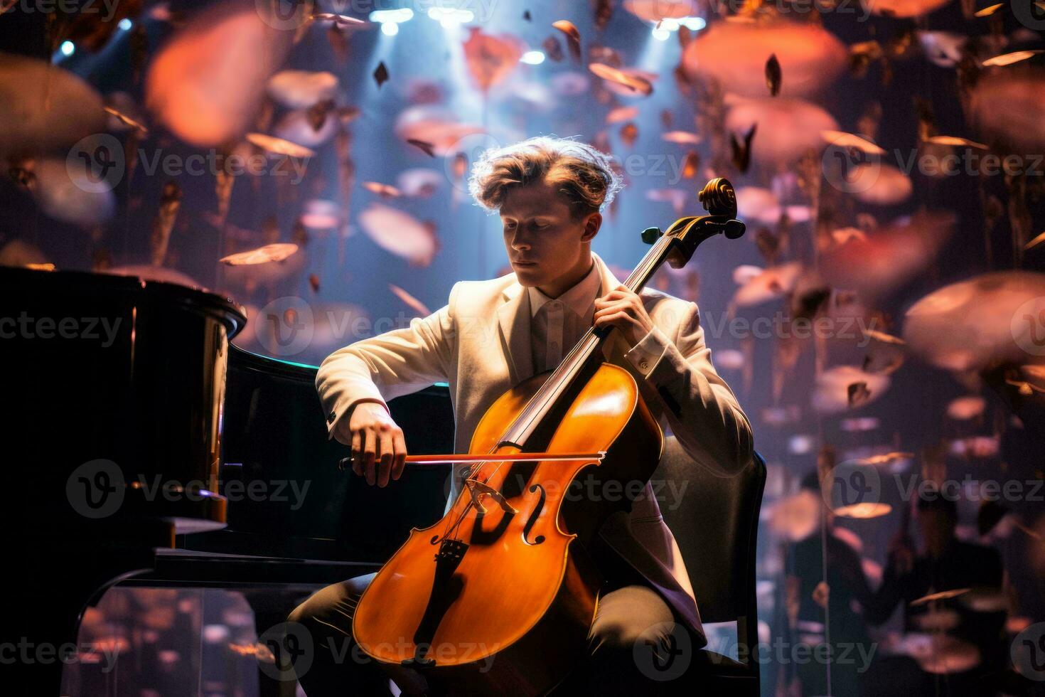 a man playing the cello in a dark room generative ai photo