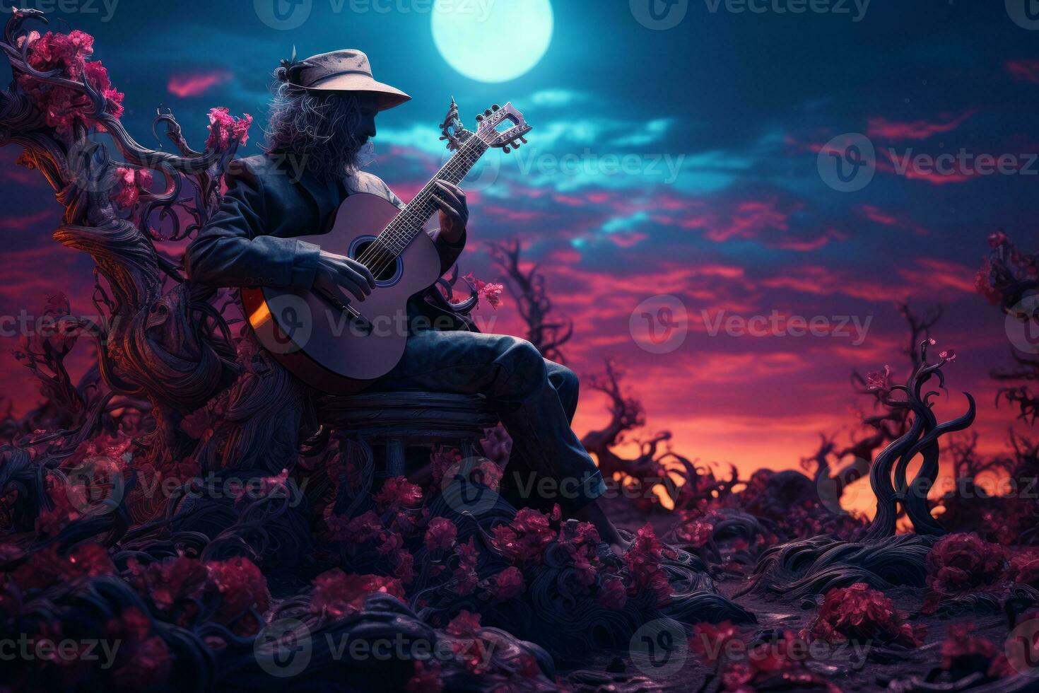 a man playing a guitar in the woods at night generative ai photo
