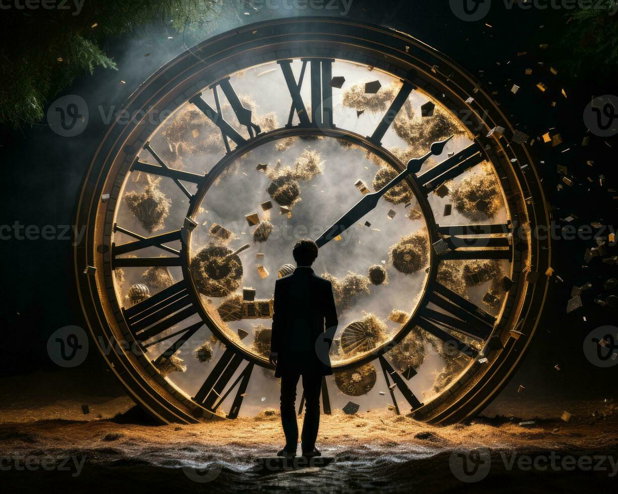 a man is standing in front of a large clock generative ai photo
