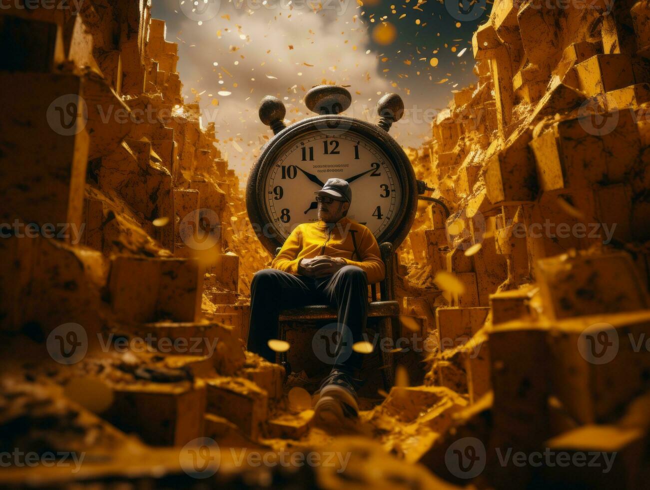 a man sitting in a chair in front of a large clock generative ai photo
