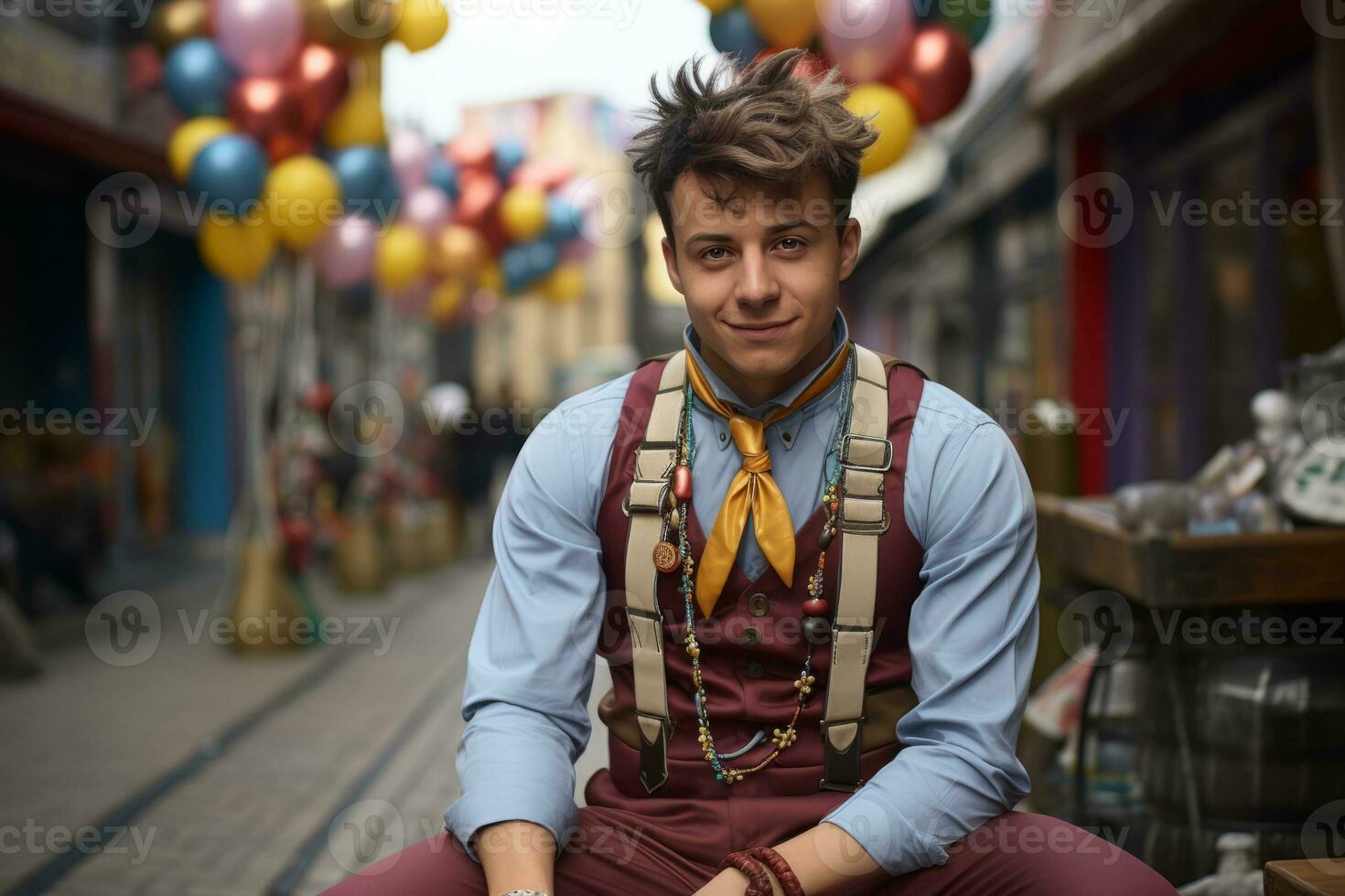 a man sitting on a bench with balloons in the background generative ai photo