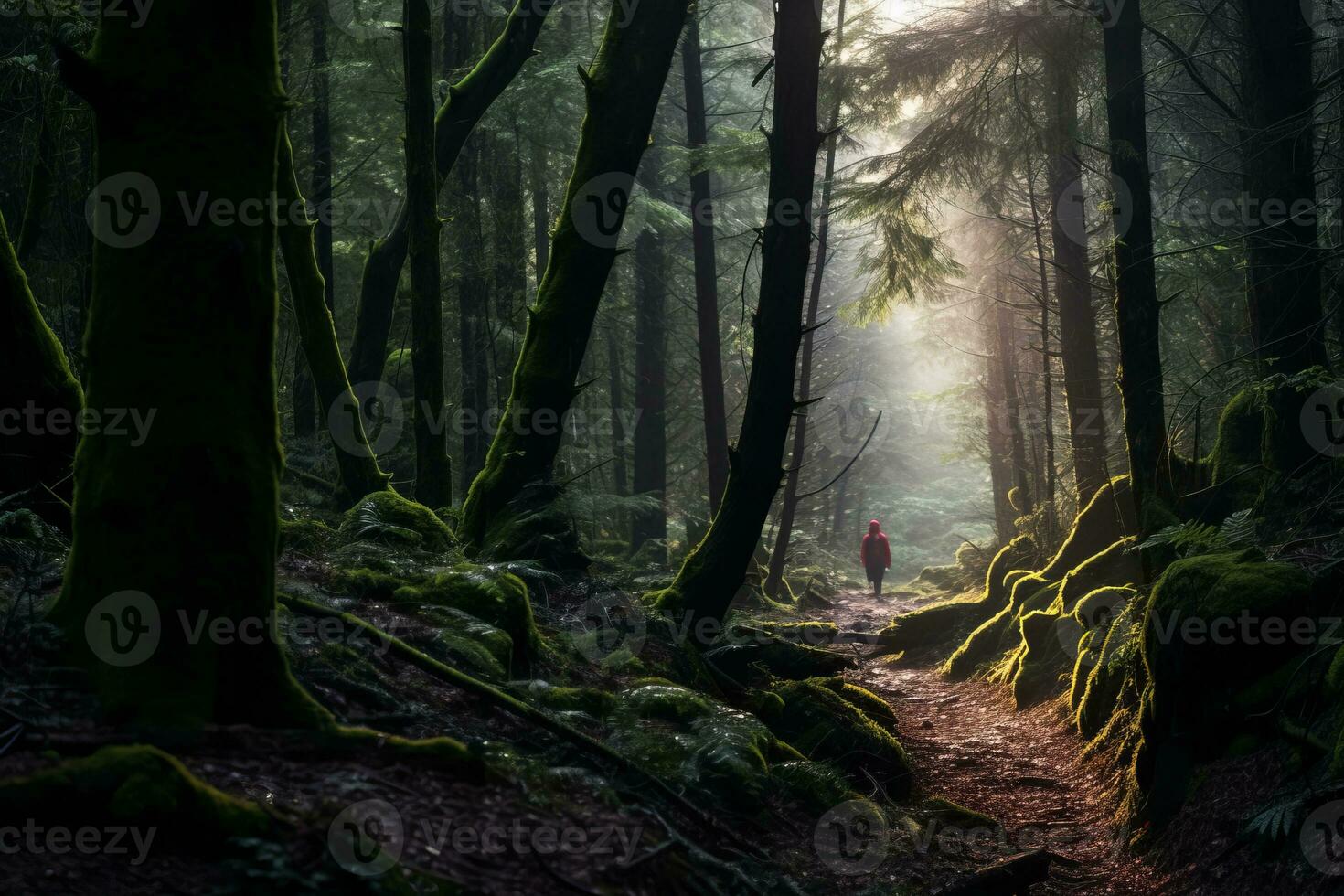 a man is walking through a forest with sunlight coming through the trees generative ai photo
