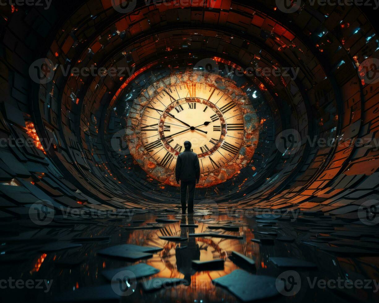a man standing in front of a large clock in a dark tunnel generative ai photo