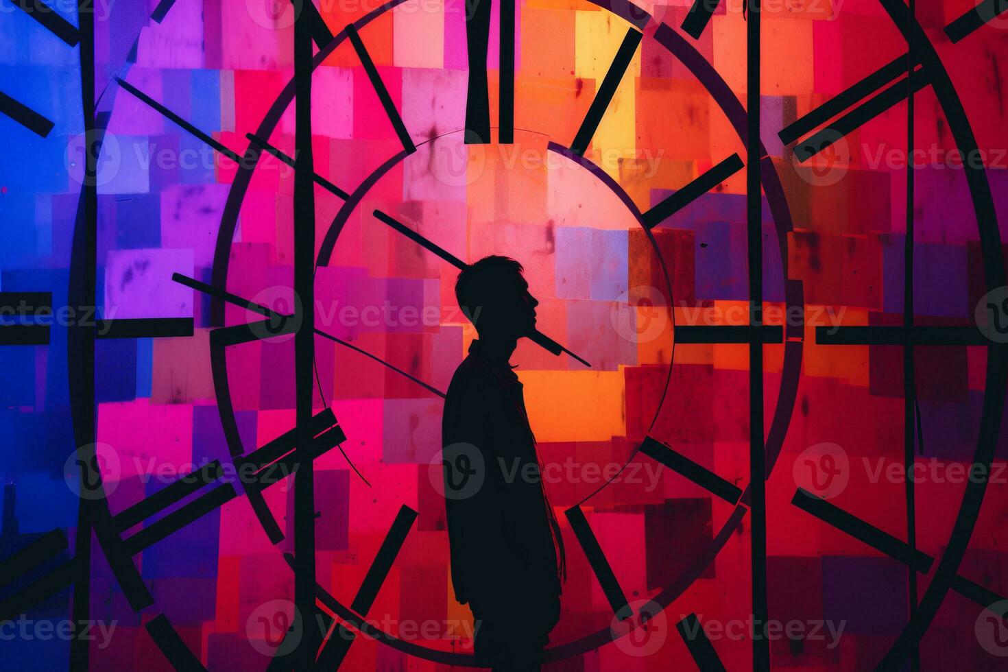 a man standing in front of a colorful clock generative ai photo