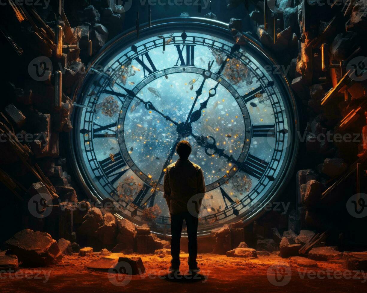 a man standing in front of a large clock generative ai photo