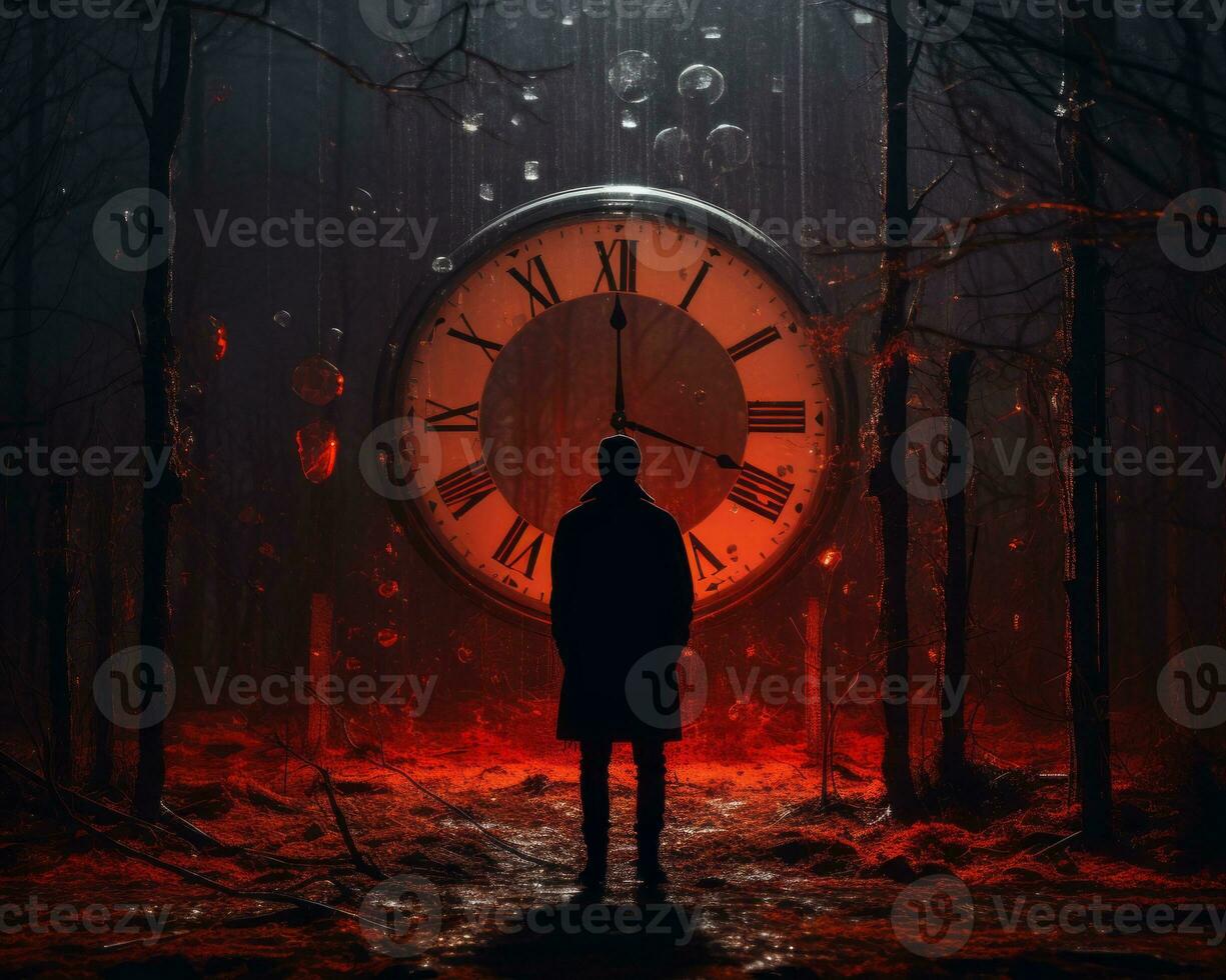 a man standing in front of a large clock in the woods generative ai photo