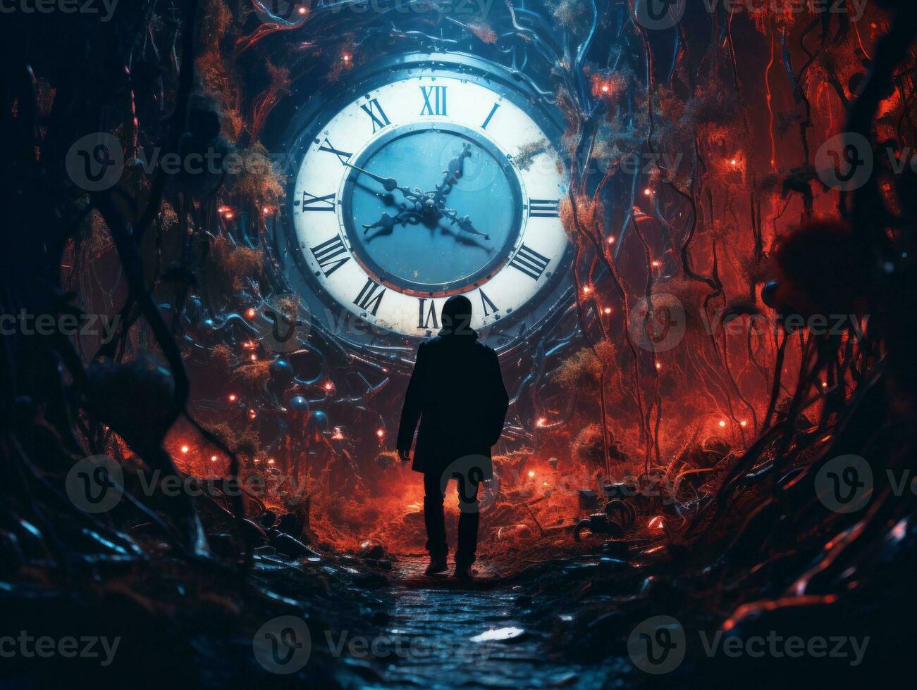 a man standing in front of a large clock in a dark forest generative ai photo