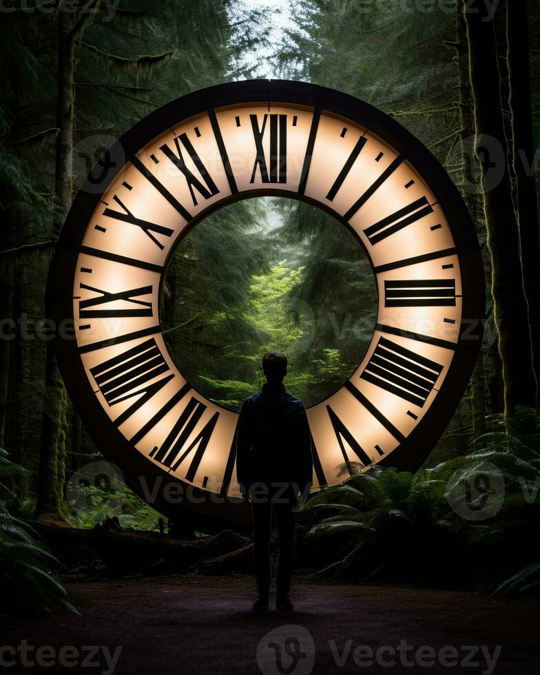 a man standing in front of a large clock in the woods generative ai photo