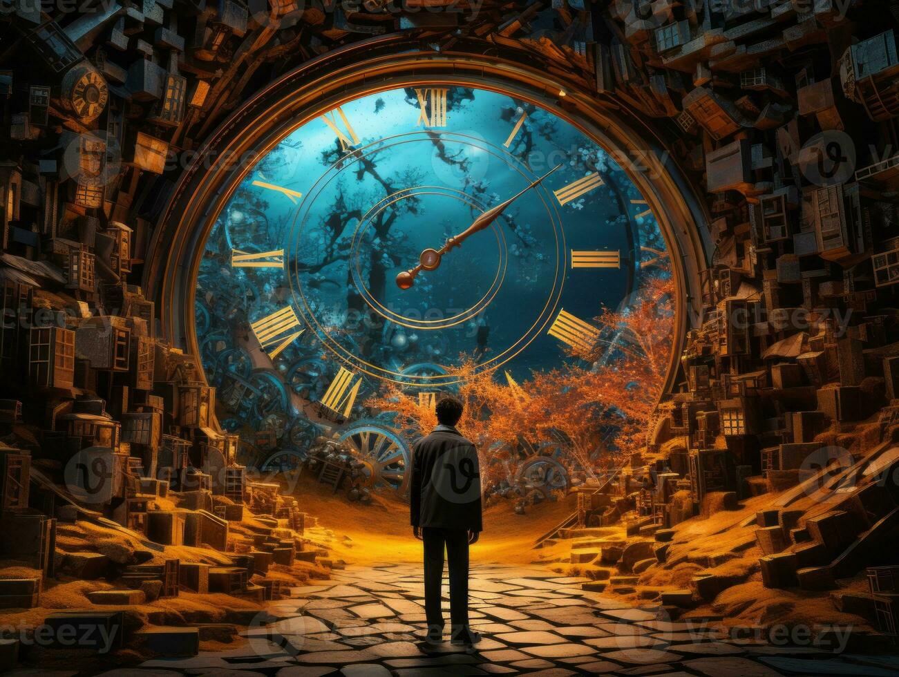 a man standing in front of a large clock generative ai photo