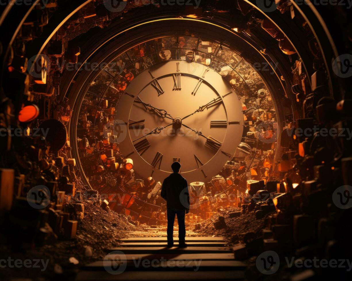 a man standing in front of a large clock generative ai photo