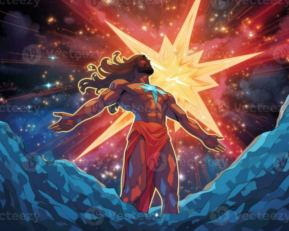 a man standing in front of a star with his arms outstretched generative ai photo