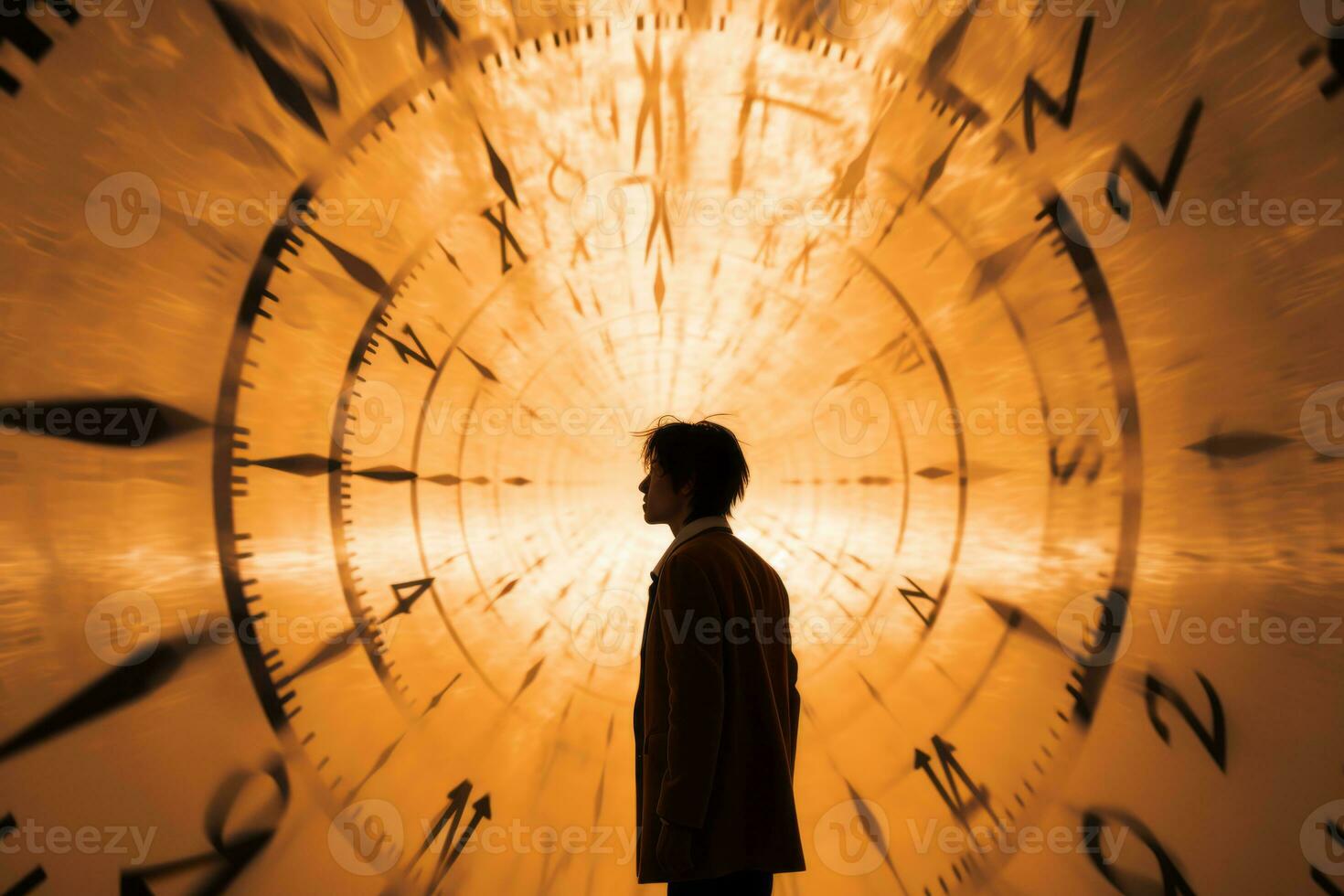 a man standing in front of a wall of clocks generative ai photo