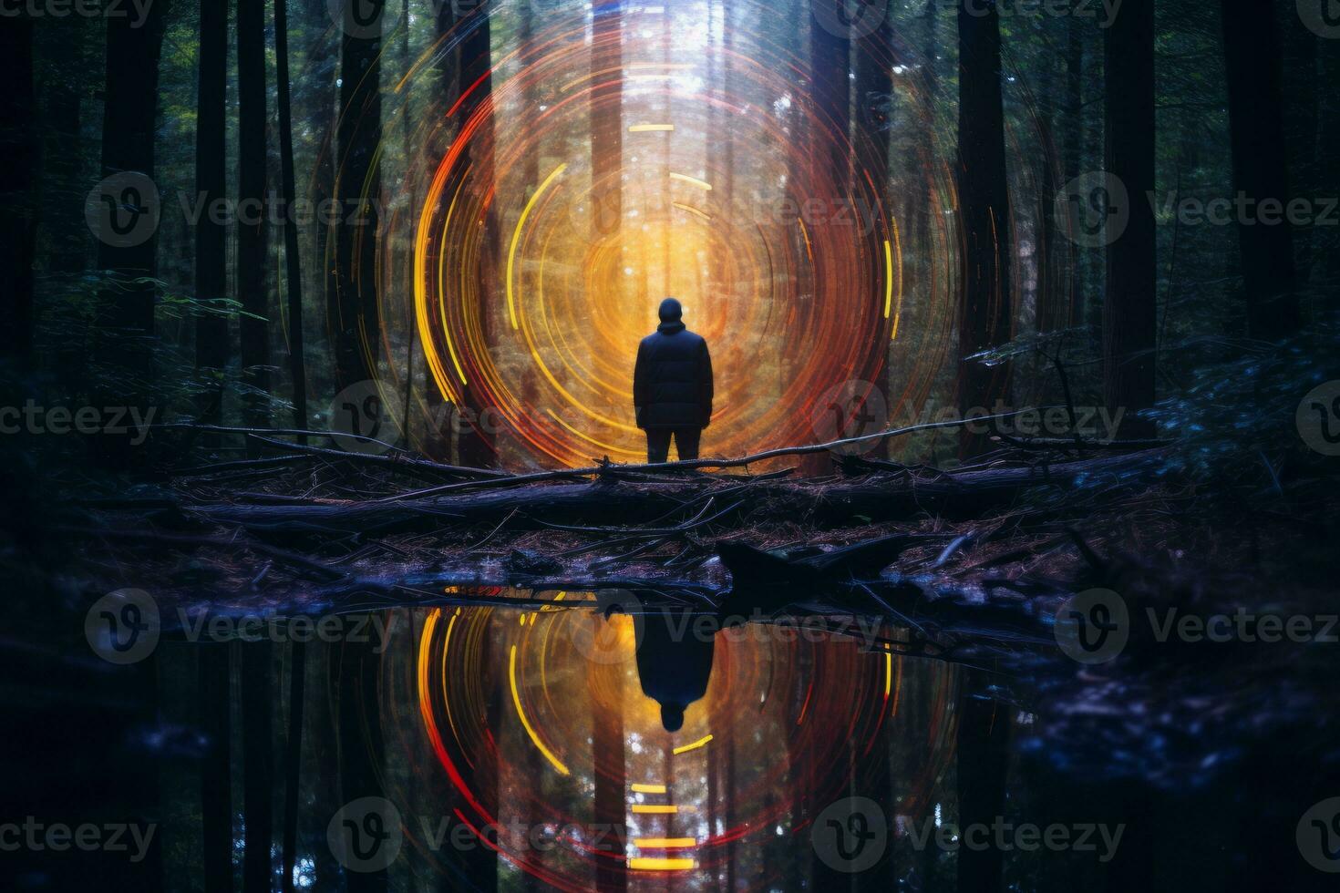 a man standing in the middle of a forest surrounded by light generative ai photo