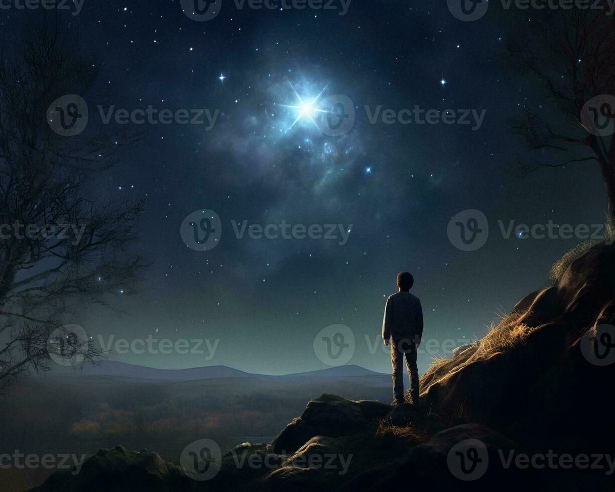a man standing on a hill looking at a star in the sky generative ai photo