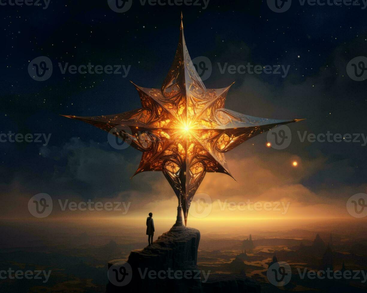 a man standing on top of a mountain with a star in the sky generative ai photo