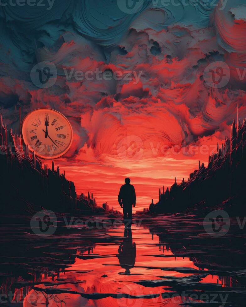 a man standing in the middle of a lake with a clock in the background generative ai photo
