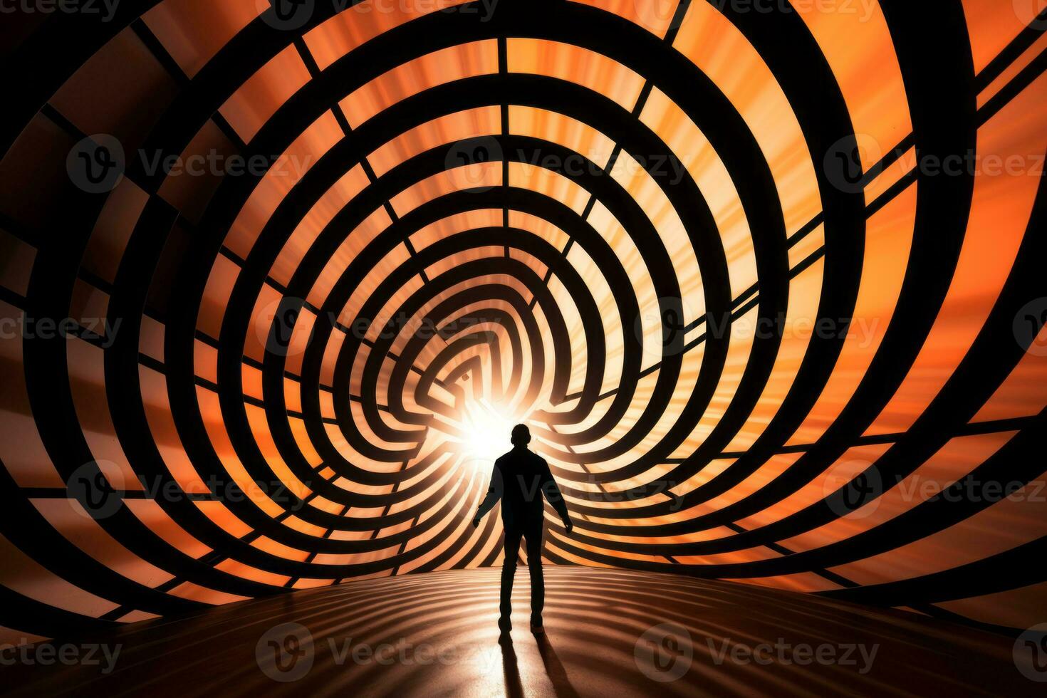 a man standing in the middle of an orange and black tunnel generative ai photo