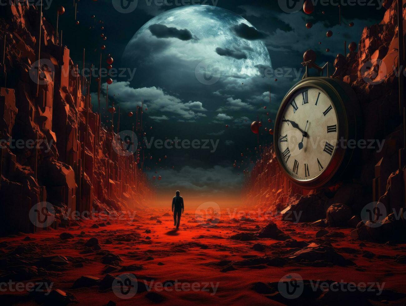 a man walking through a desert with a clock in front of him generative ai photo