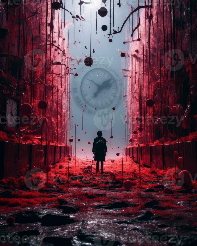 a man walking through a dark alleyway with a clock on the wall generative ai photo