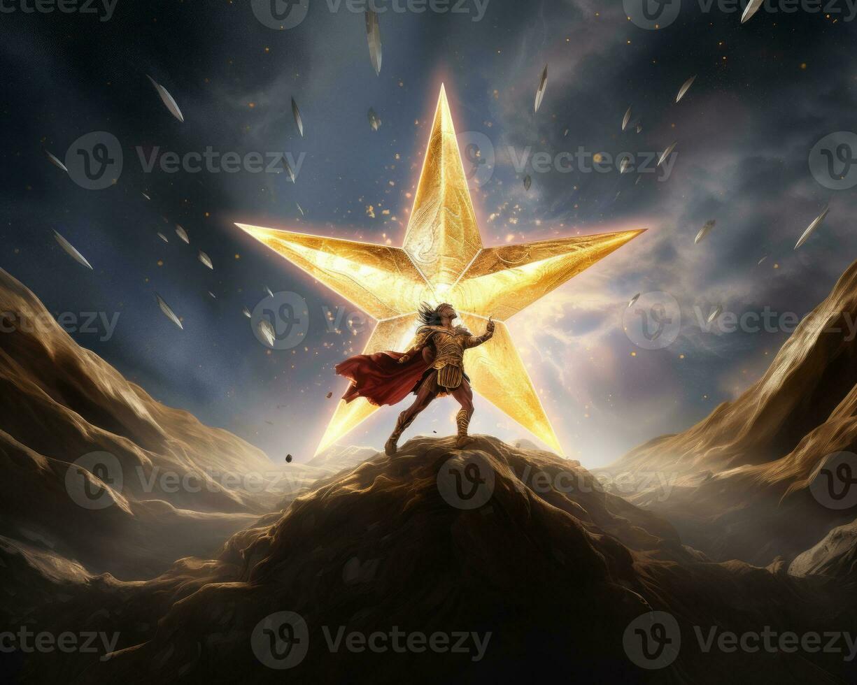 a man standing on top of a mountain with a star in the background generative ai photo