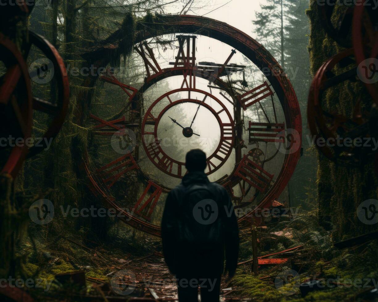 a man walking through a forest with a large clock in the middle of it generative ai photo