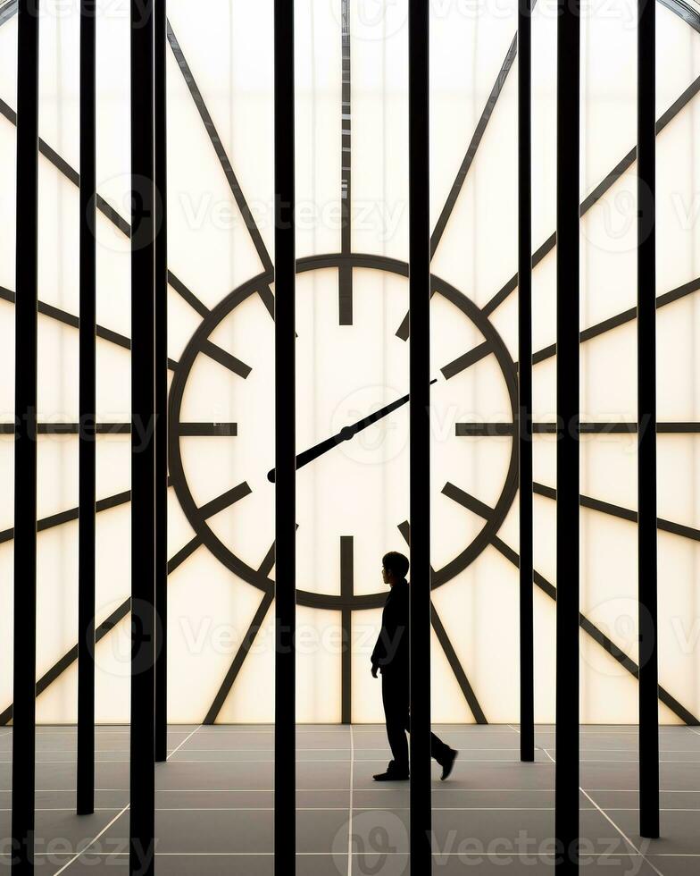 a man walking through a room with a large clock generative ai photo