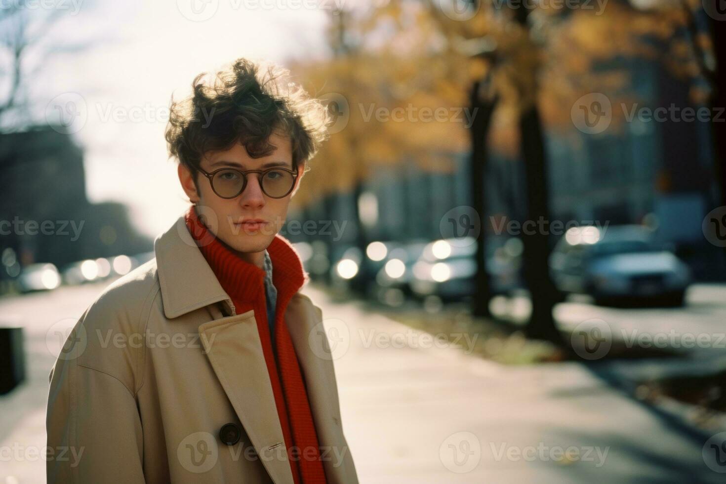 a man wearing glasses and a coat standing on a street generative ai photo