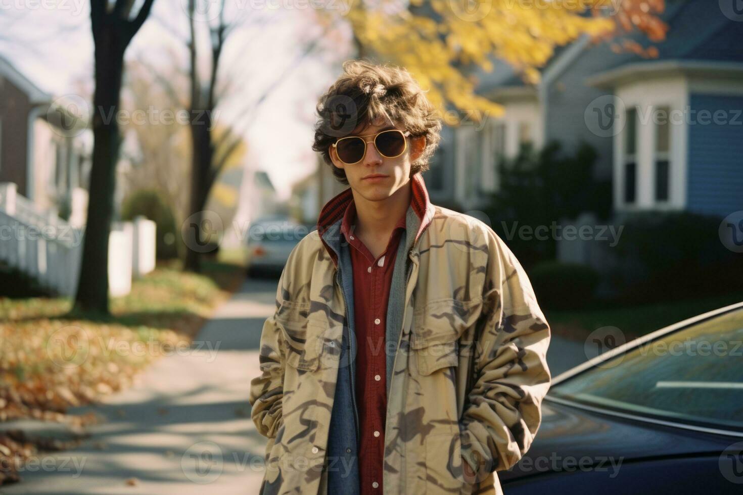 a man wearing sunglasses and a jacket standing in front of a car generative ai photo