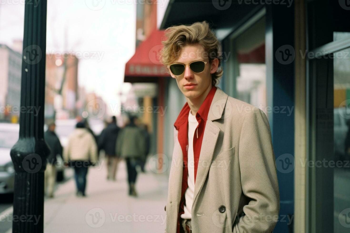 a man wearing sunglasses and a red shirt standing on a city street generative ai photo