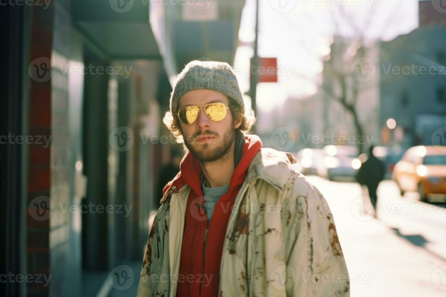 a man wearing sunglasses and a jacket on a city street generative ai photo