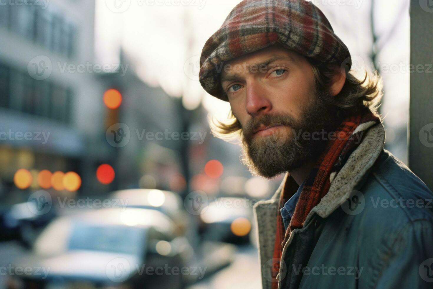 a man with a beard and a plaid hat leaning against a wall generative ai photo