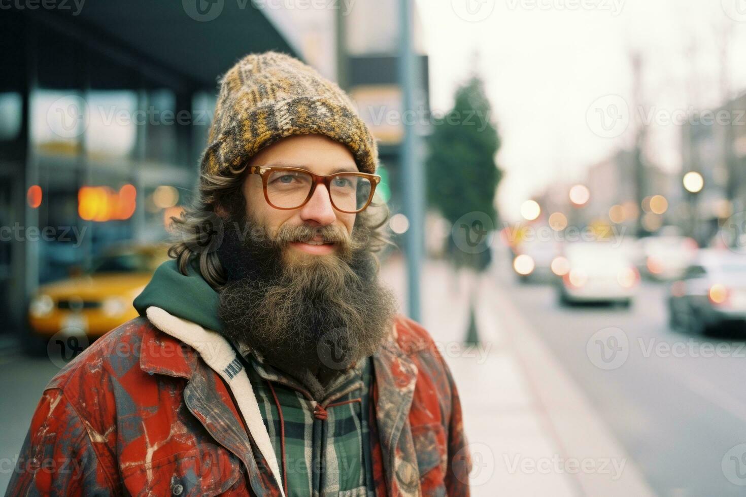 a man with a beard and glasses standing on the street generative ai photo