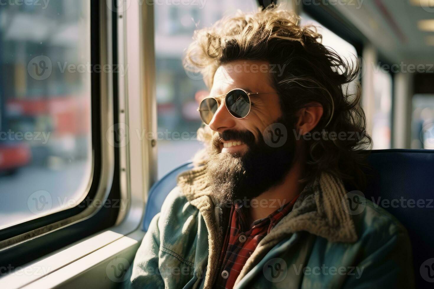 a man with a beard and sunglasses on a train generative ai photo
