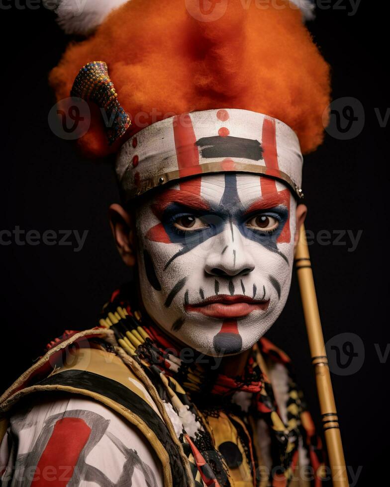 a man with painted face and headdress holding a stick generative ai photo