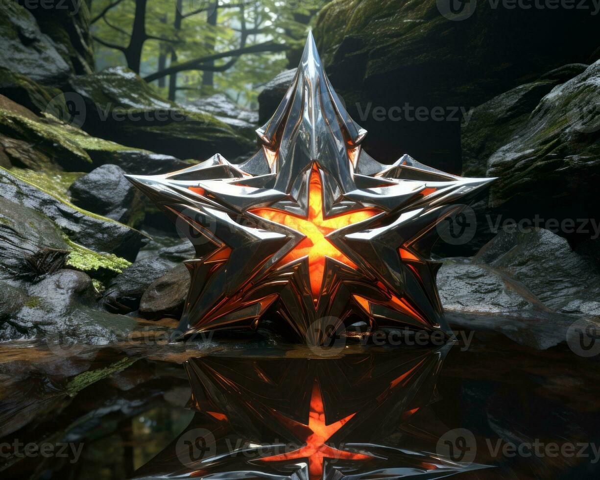 a metal star in the middle of a forest generative ai photo