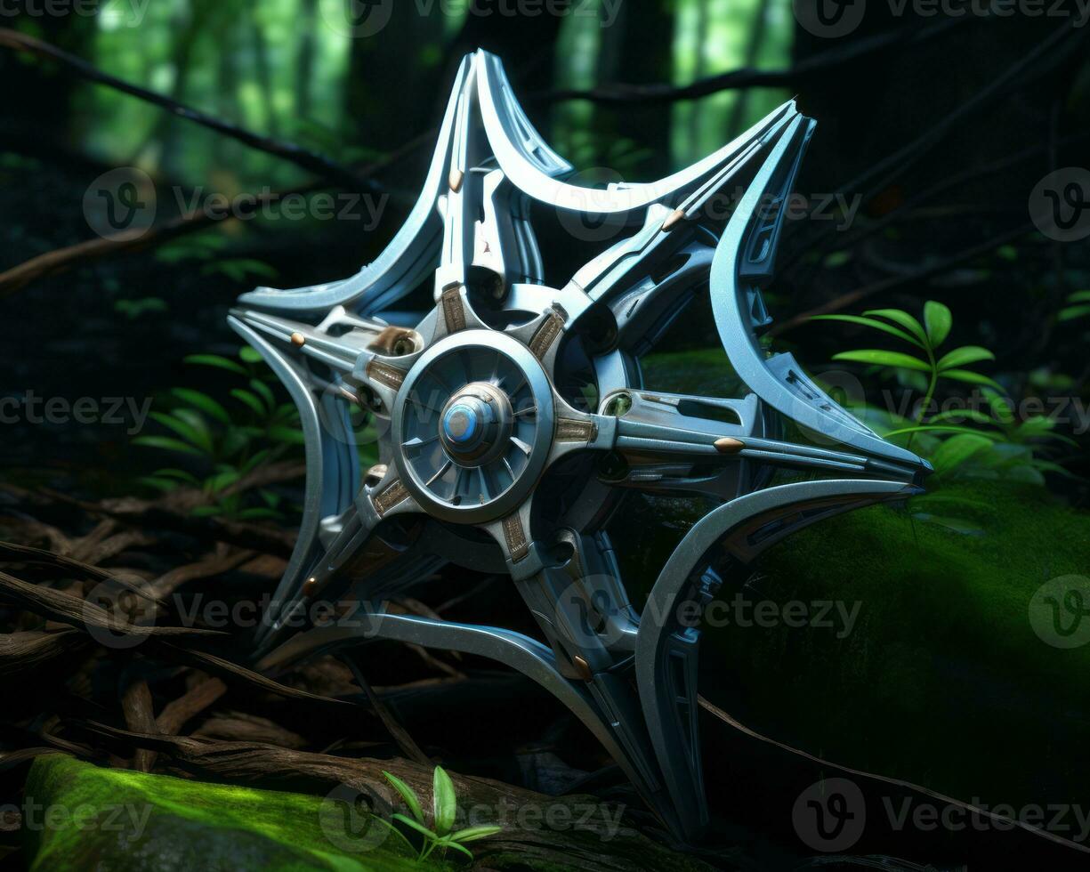 a metal star shaped object in the middle of the forest generative ai photo