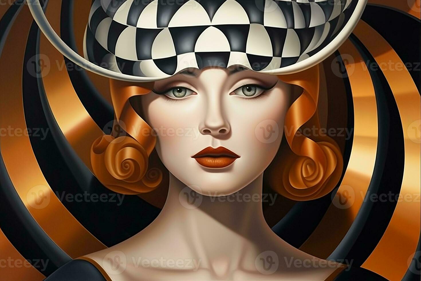 a painting of a woman wearing a hat with a black and white checkered pattern generative ai photo