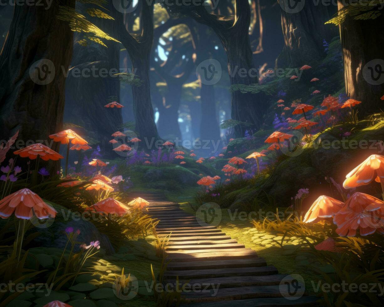 a path through a forest with mushrooms and flowers generative ai photo