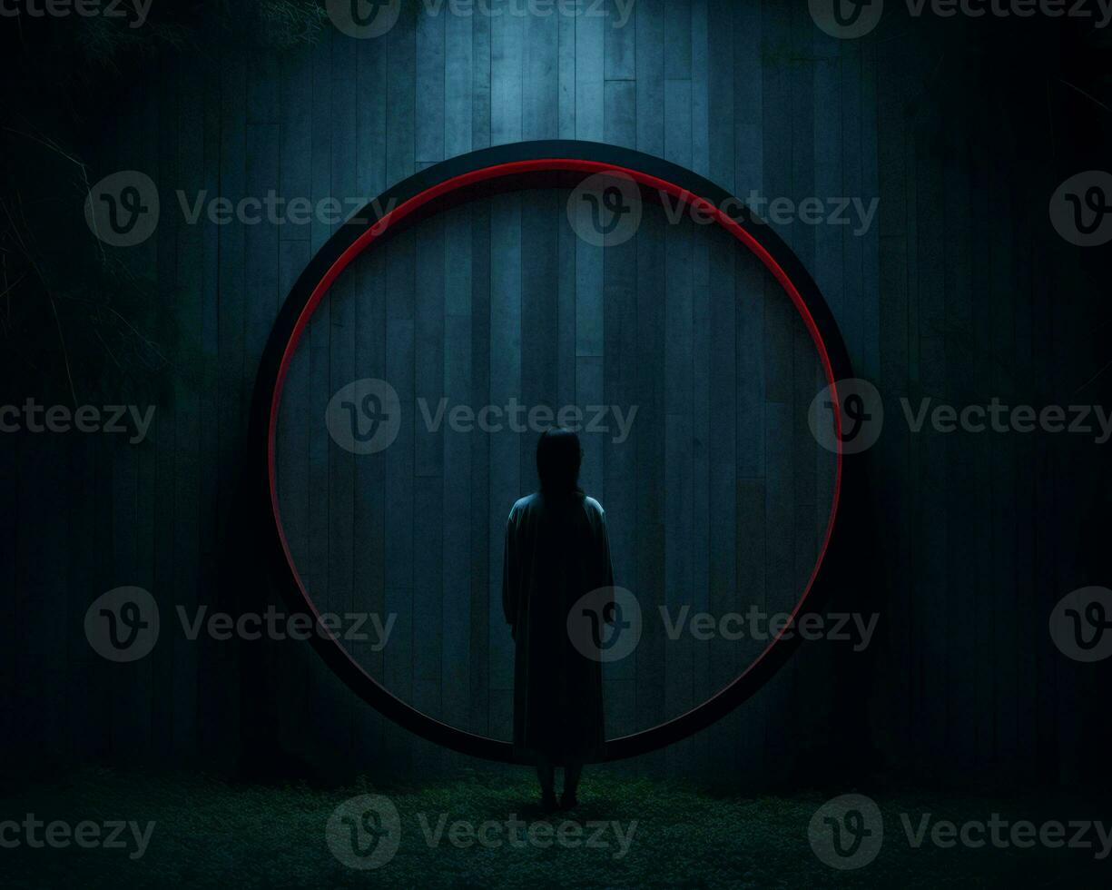 a person standing in front of a circular door generative ai photo