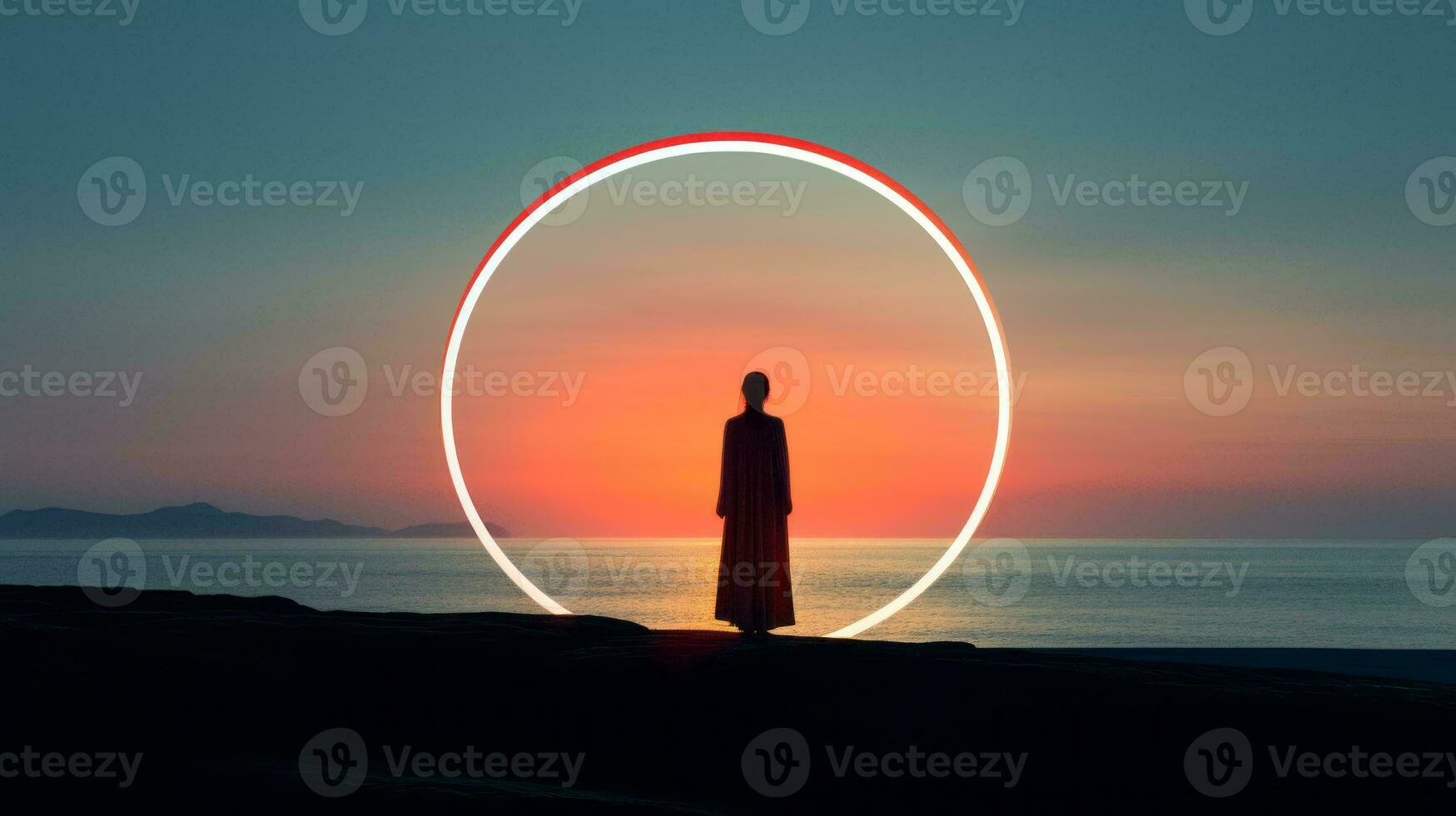 a person standing in front of a circle with the sun in the background generative ai photo