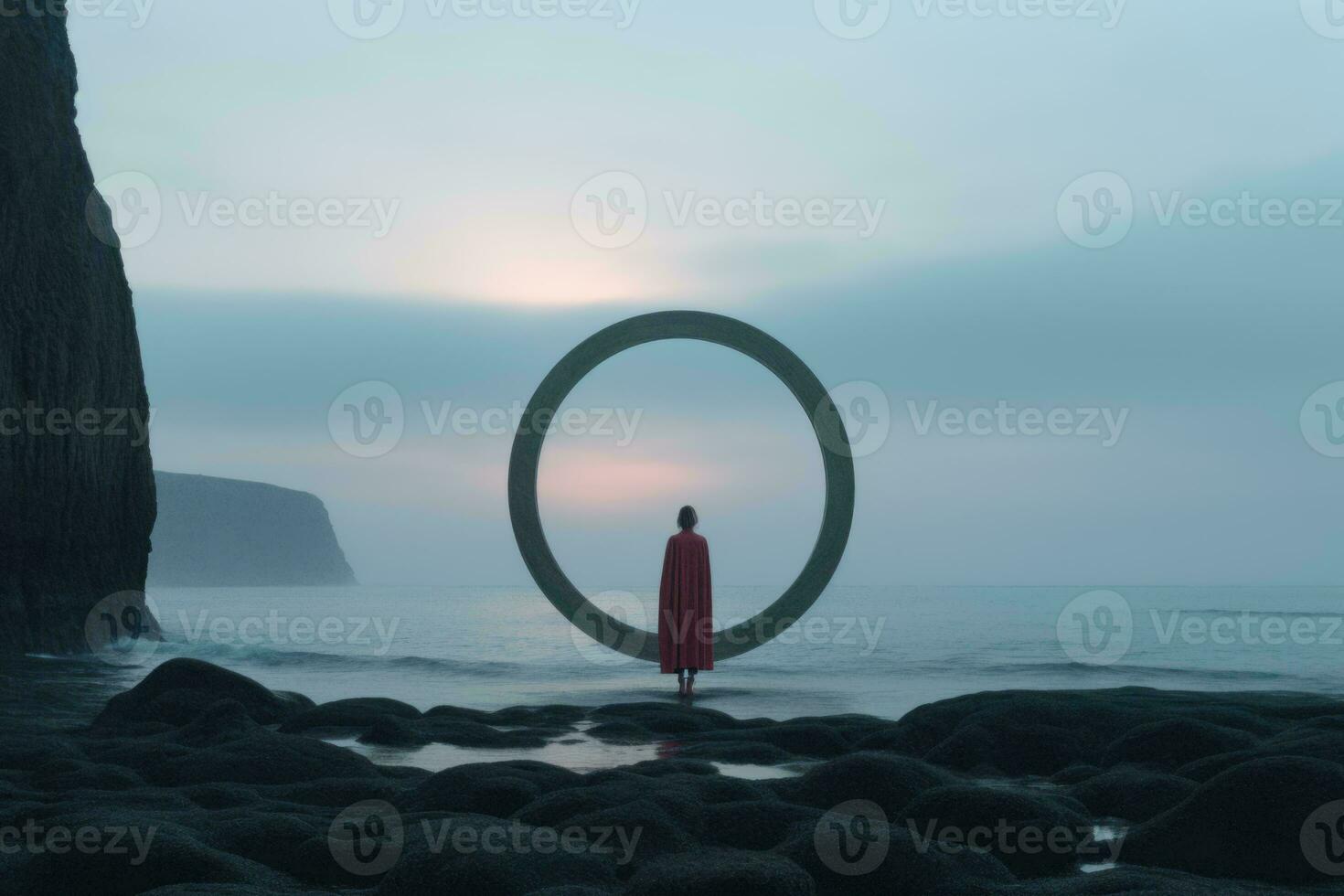 a person standing in front of a circular ring on the beach generative ai photo