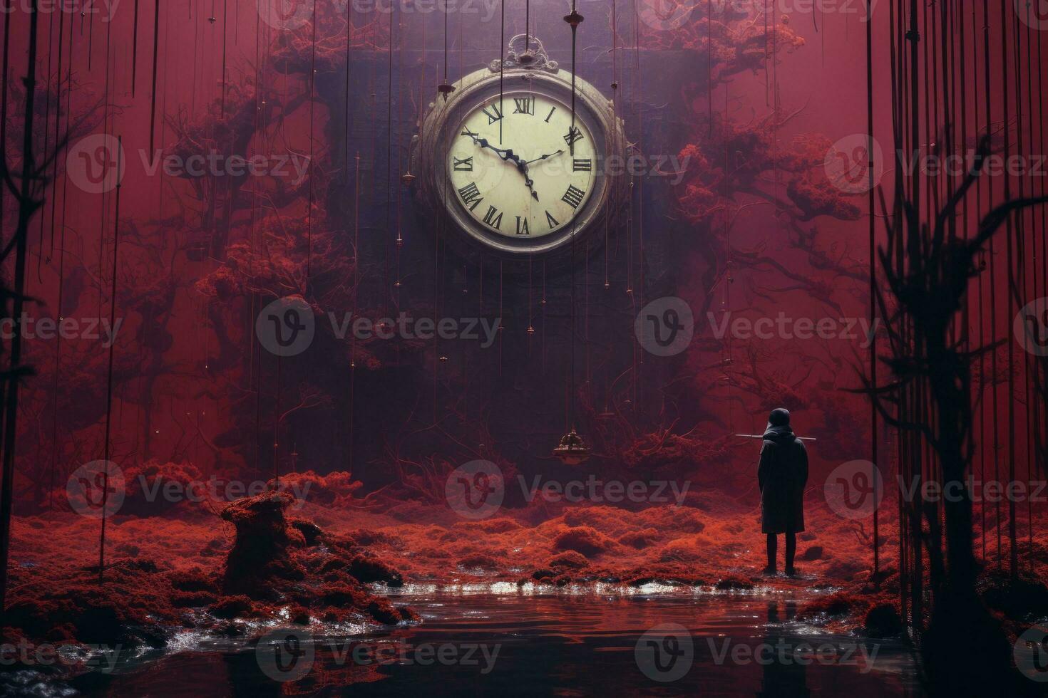 a person standing in front of a clock in a dark forest generative ai photo