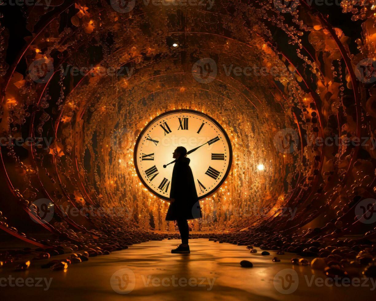 a person standing in front of a large clock generative ai photo
