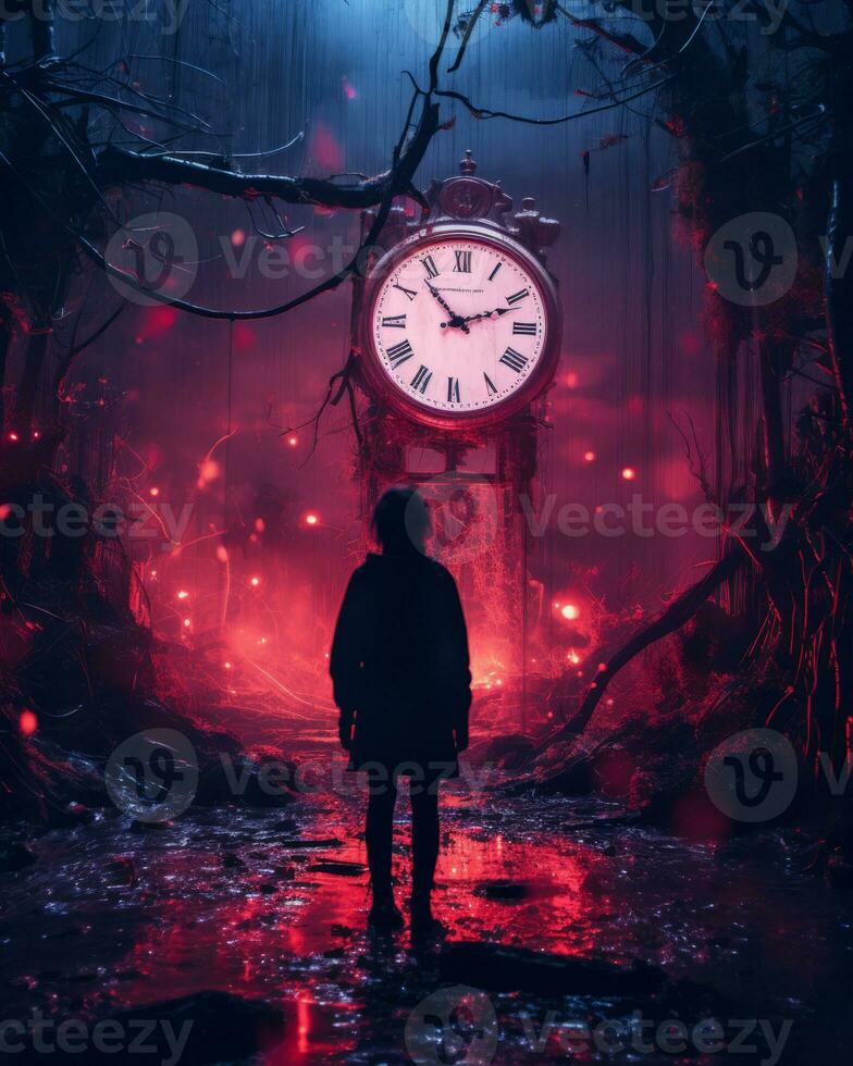a person standing in front of a large clock generative ai photo