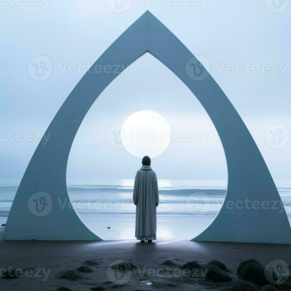 a person standing in front of a large sculpture on the beach generative ai photo
