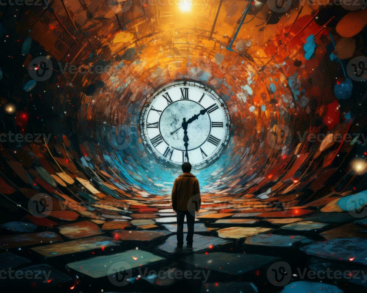 a person standing in front of a large clock generative ai photo