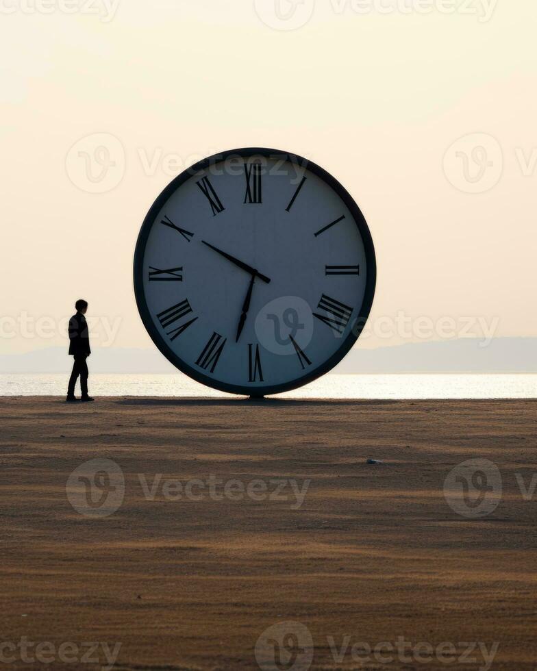 a person standing in front of a large clock generative ai photo